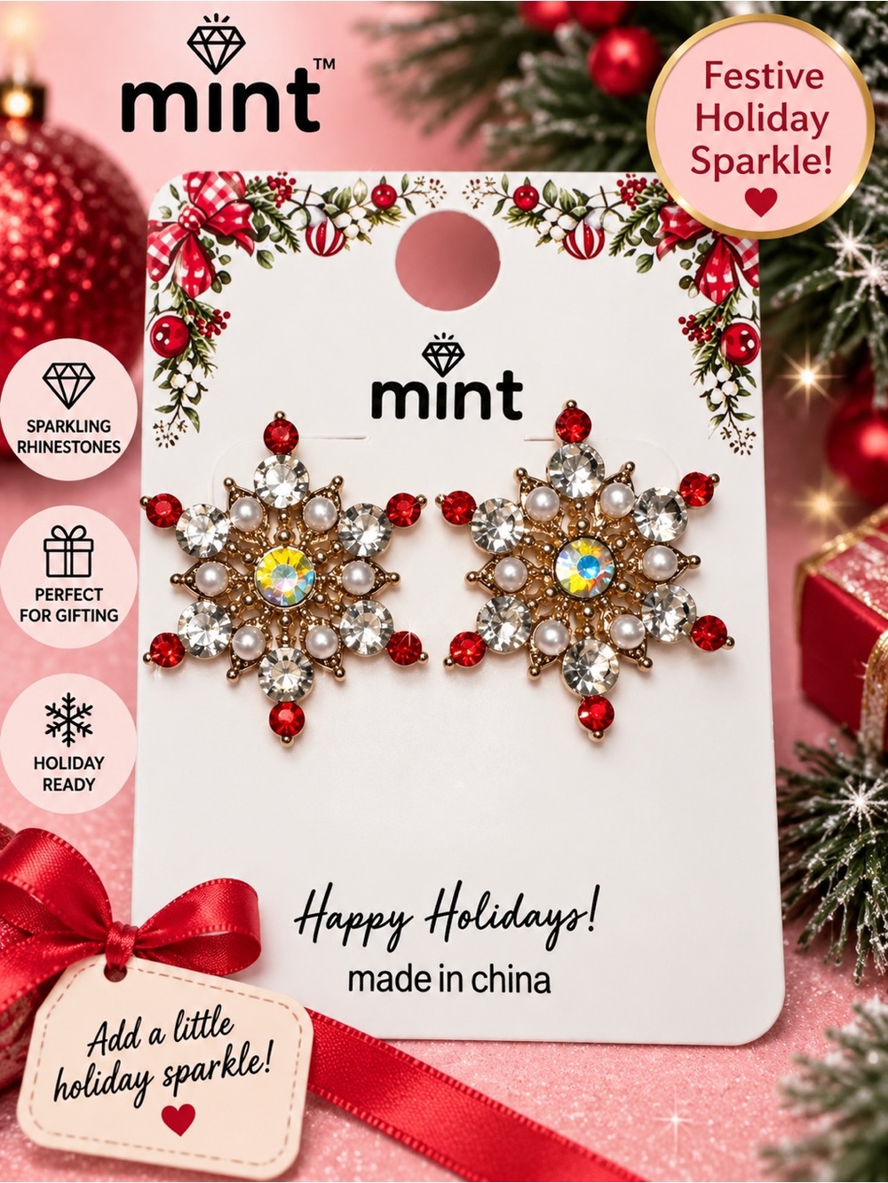 Mint Holiday Snowflake Starburst Rhinestone Pearl Earrings Red Gold Tone